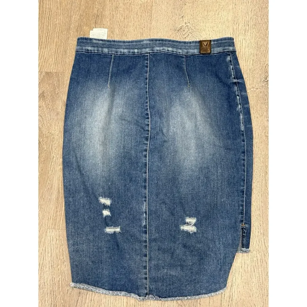 Guess Womens Jean Skirt Pencil Distressed Stretch Blue Denim High Low Raw Hem 14